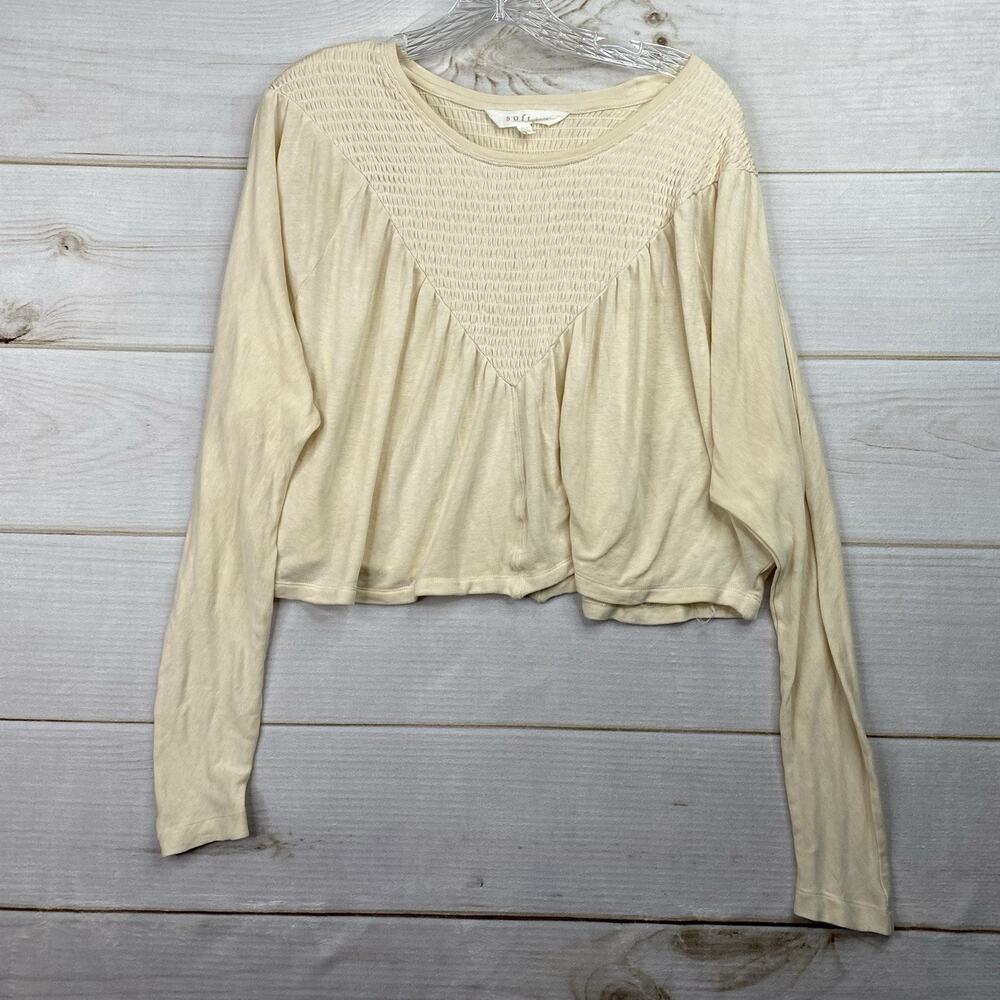 Soft Joie Womens Top Sz L Pale Yellow Smocked Cropped Pleated Long Sleeve Boho